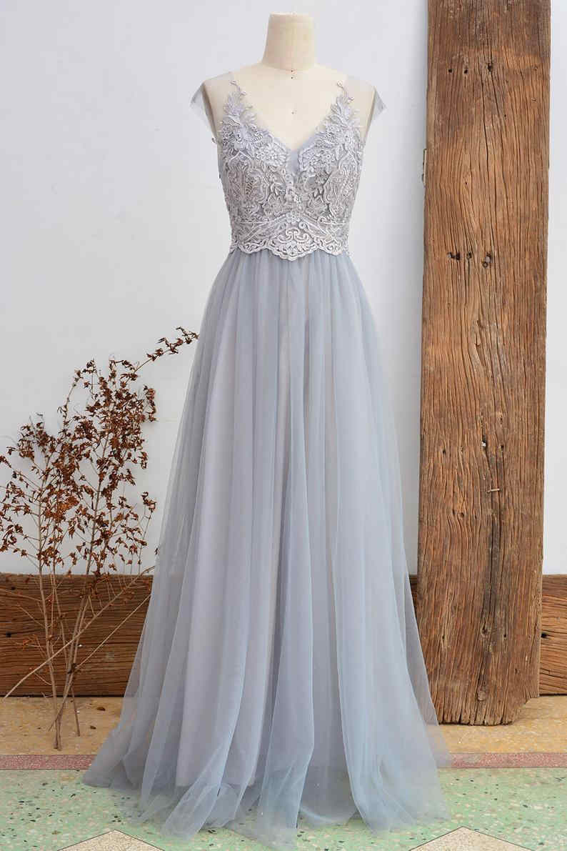 Short Sleeved Light Grey Appliqued Bridesmaid Dress – FancyVestido