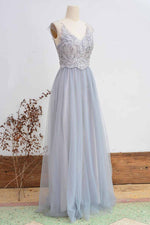 Short Sleeved Light Grey Appliqued Bridesmaid Dress