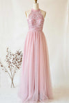 A-Line Halter Pink Lace Long Bridesmaid Dress