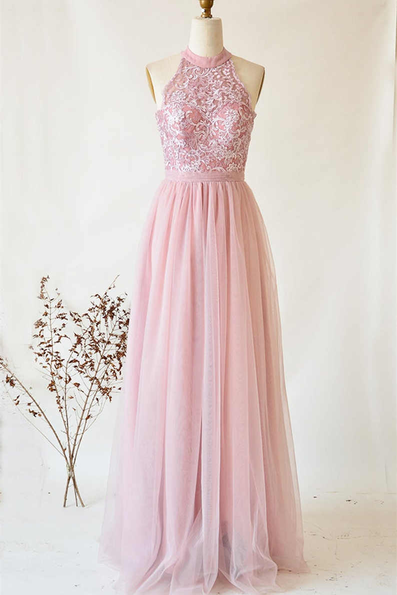 A-Line Halter Pink Lace Long Bridesmaid Dress