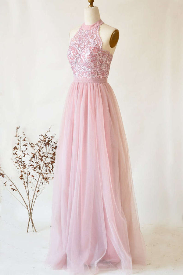 A-Line Halter Pink Lace Long Bridesmaid Dress