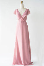 Blush Pink V-Neck Chiffon A-Line Bridesmaid Dress