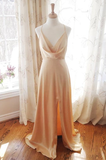 Cowl Neck Champagne Satin Bridesmaid Dress with Slit