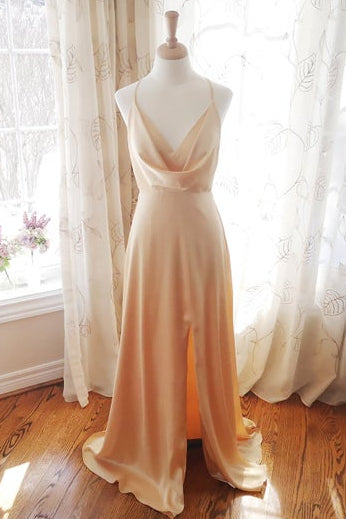 sachin and babi light blue dress Cowl Neck Champagne Satin Bridesmaid Dress with Slit – FancyVestido