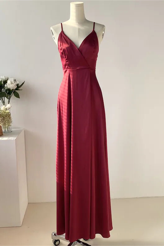 Straps Wine Red Satin Long Bridesmaid Dress – FancyVestido
