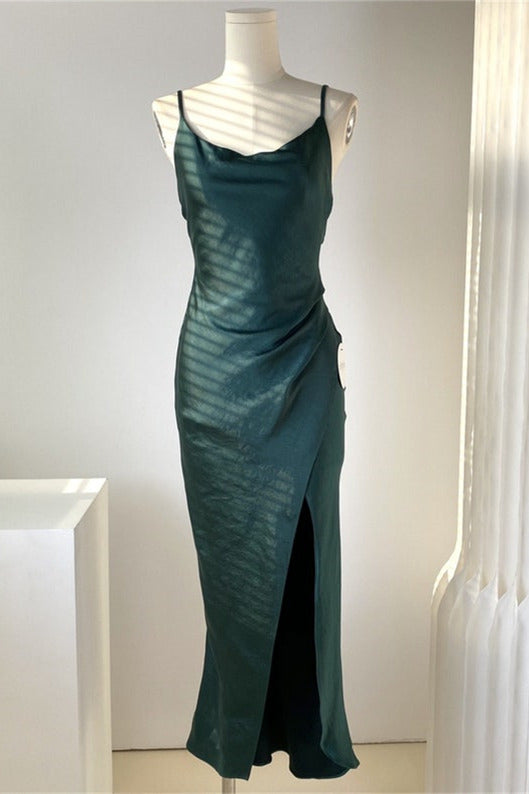 Dark Green Sheath Satin Bridesmaid Dress with Slit – FancyVestido