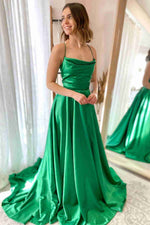 Cowl Neck Green Satin A-Line Formal Dress with Slit
