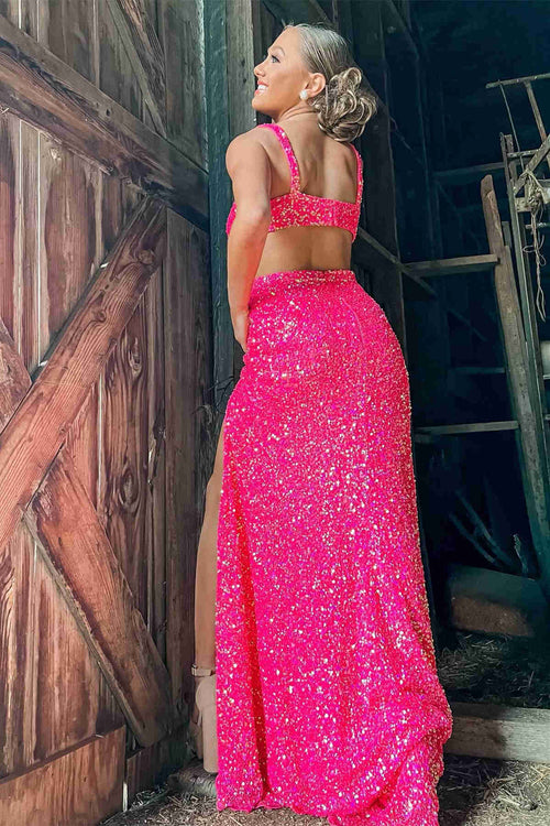 V-Neck Hot Pink Sequined Prom Dress with Slit
