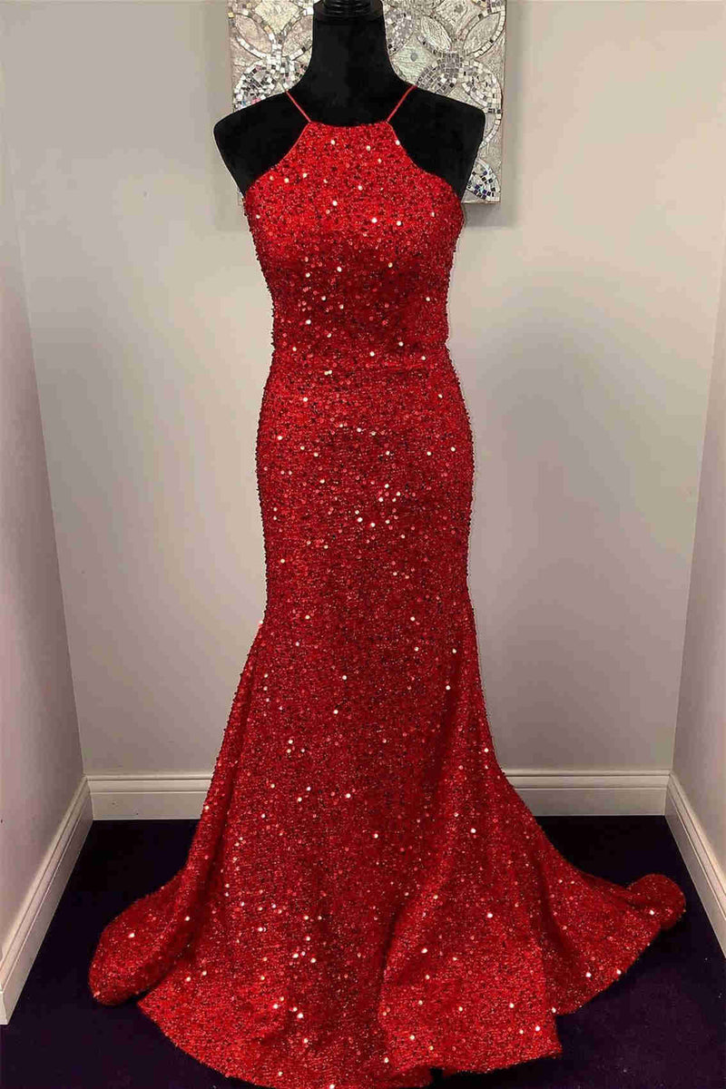 Red Halter Sequined Long Prom Dress with Lace Up Back