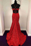 Red Halter Sequined Long Prom Dress with Lace Up Back