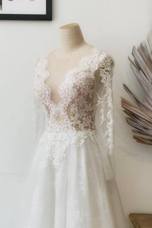 Illusion Crew Neck White Lace Bridal Dress