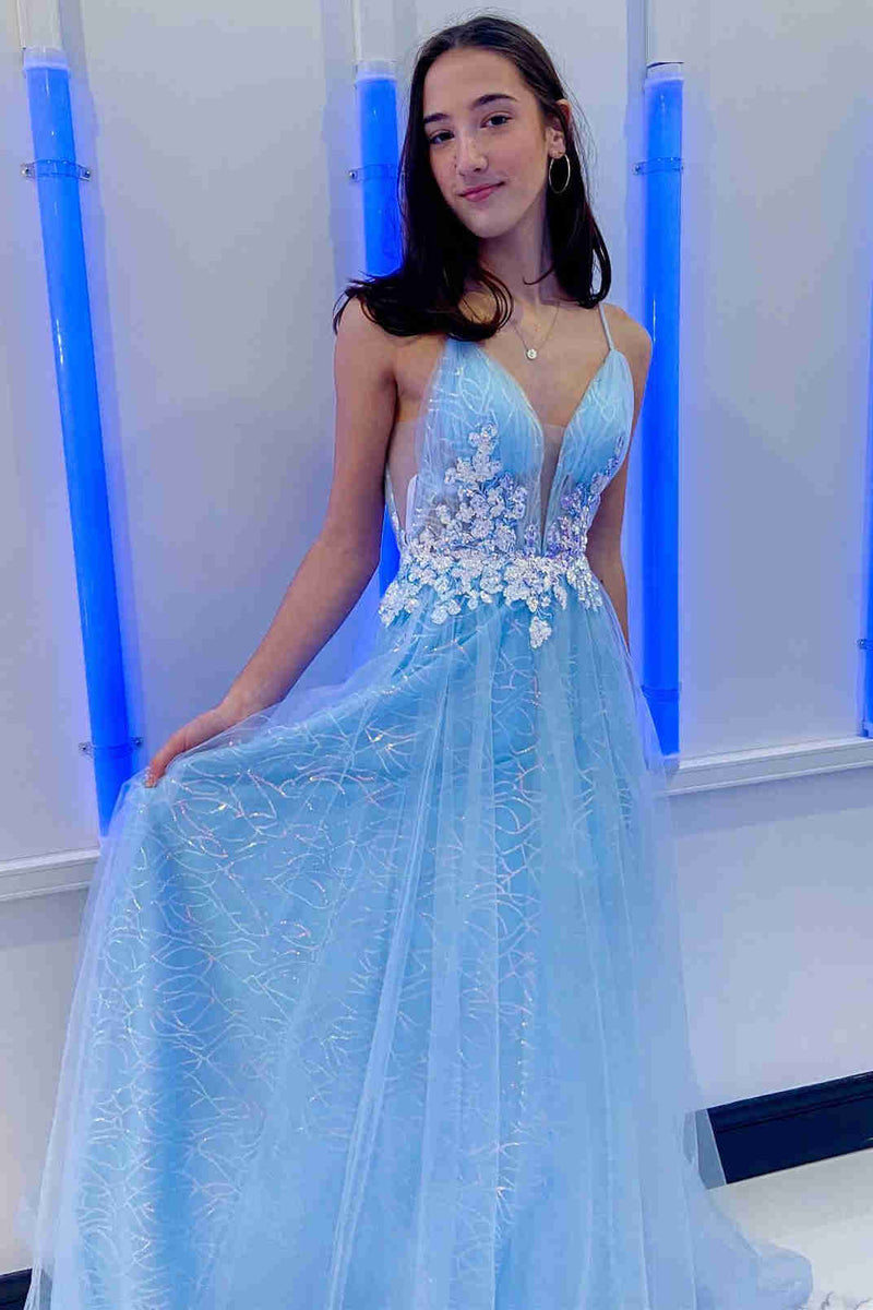 Princess A-Line Light Blue Long Formal Dress with Appliques