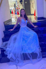 Princess A-Line Light Blue Long Formal Dress with Appliques