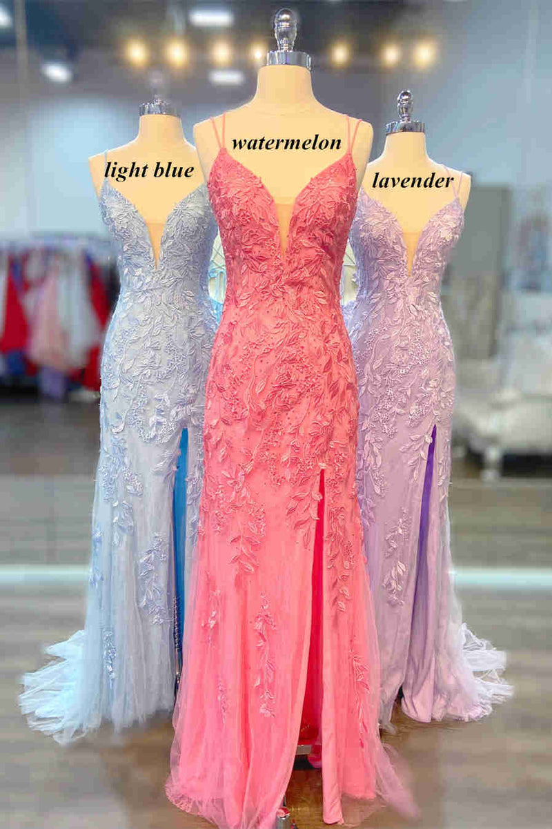 Spaghetti Straps Watermelon Appliques Long Formal Dress