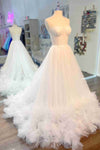 Elegant White Strapless Tiered Tulle Long Wedding Dress