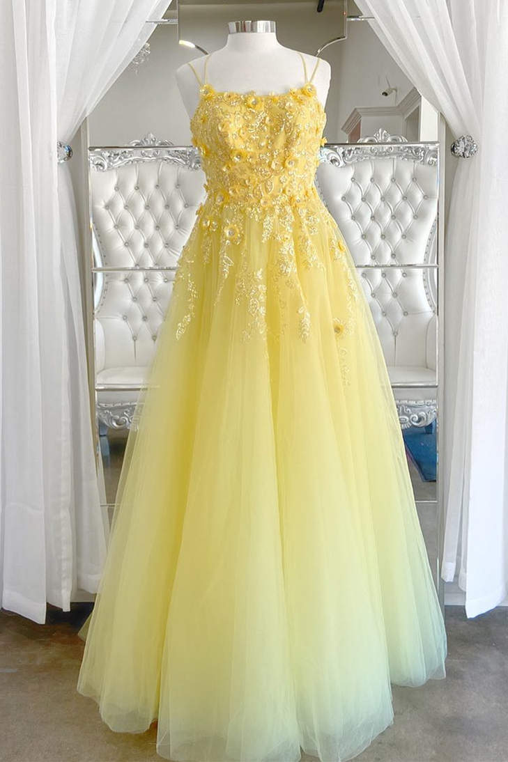 Elegant Yellow Floral Dress A-Line Sequined Long Formal Dress