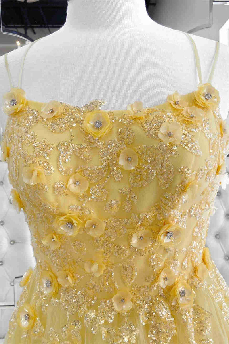 Elegant Yellow Floral Dress A-Line Sequined Long Formal Dress