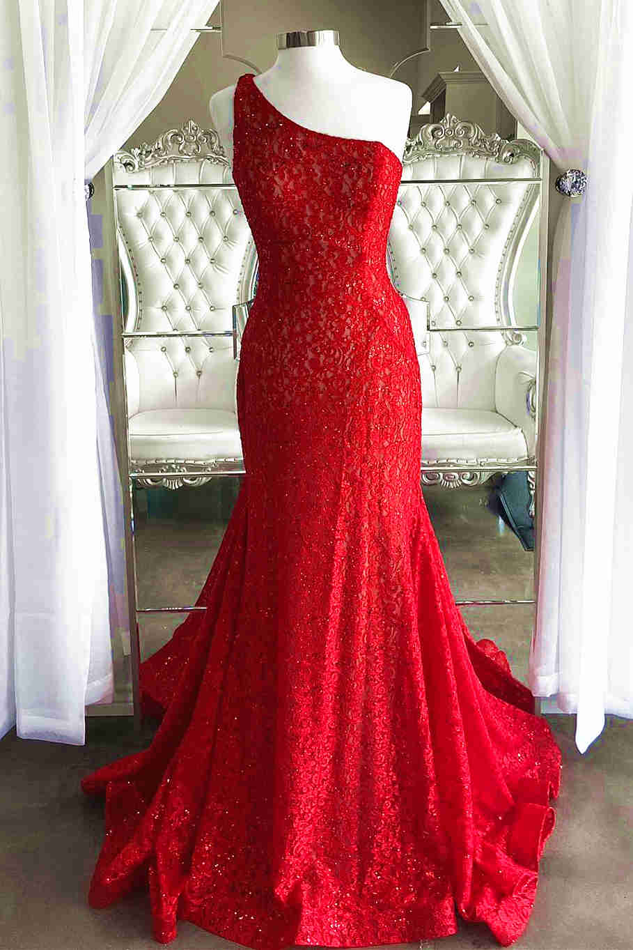 red one shoulder prom dress Mermaid Red One Shoulder Lace Long Prom Dress – FancyVestido