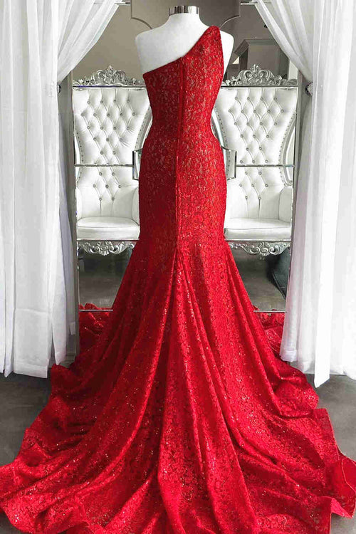 Mermaid Red One Shoulder Lace Long Prom Dress