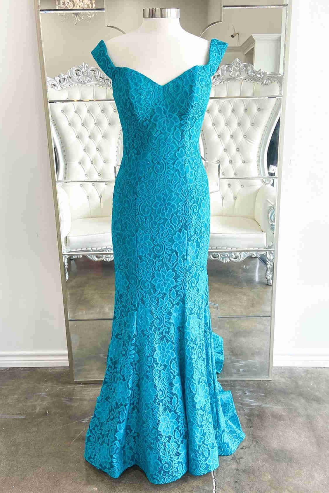 Off the Shoulder Blue Lace Mermaid Prom Dress FancyVestido Off the Shoulder Blue Lace Mermaid Prom Dress FancyVestido