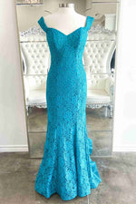 Off the Shoulder Blue Lace Mermaid Prom Dress