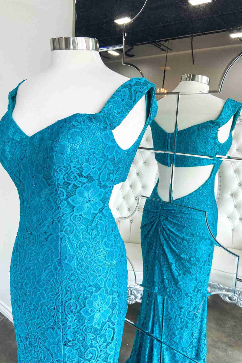 Off the Shoulder Blue Lace Mermaid Prom Dress