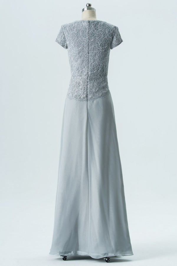 V-Neck Grey Lace Top Long Bridesmaid Dress