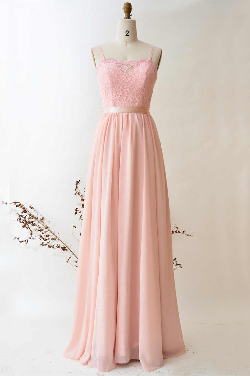 Pearl Pink Straps Lace Top Bridesmaid Dress with Belt FancyVestido Pearl Pink Straps Lace Top Bridesmaid Dress with Belt FancyVestido