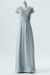 V-Neck Grey Lace Top Long Bridesmaid Dress