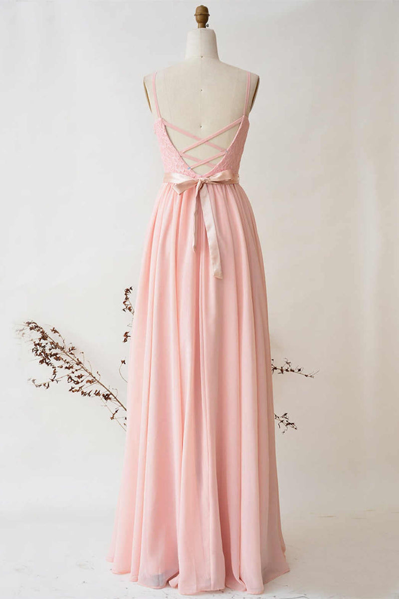 Pearl Pink Straps Lace Top Bridesmaid Dress with Belt