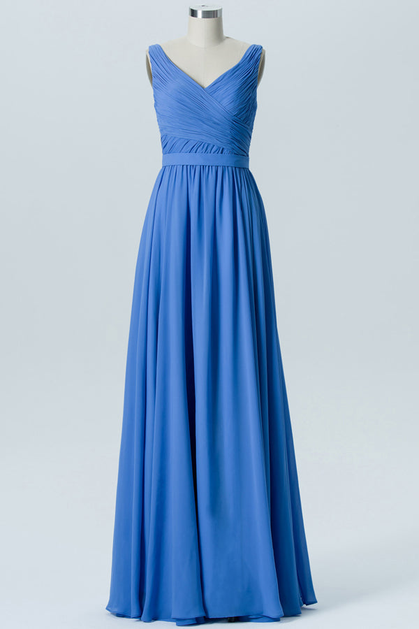 Sweet Pleated Ocean Blue Long Bridesmaid Dress