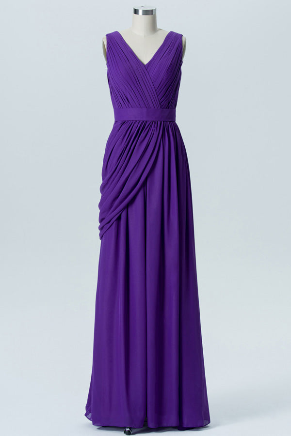 Asymmetrical Purple Pleated Long Bridesmaid Dress with Belt – FancyVestido