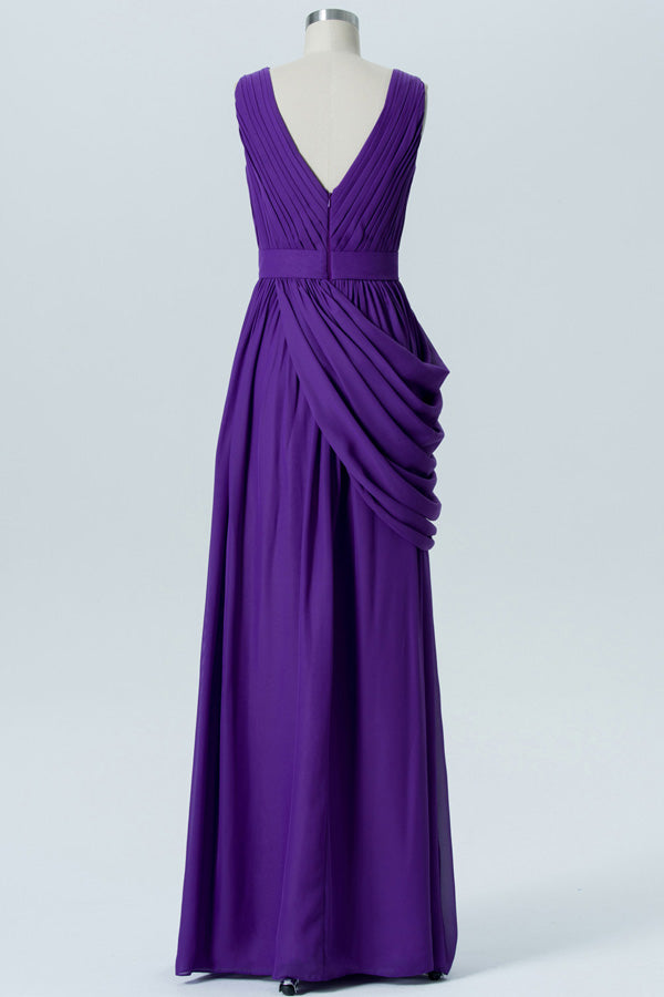 Asymmetrical Purple Pleated Long Bridesmaid Dress with Belt