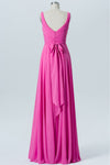 A-Line Hot Pink V-Neck Long Bridesmaid Dress