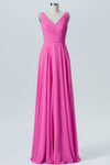 A-Line Hot Pink V-Neck Long Bridesmaid Dress
