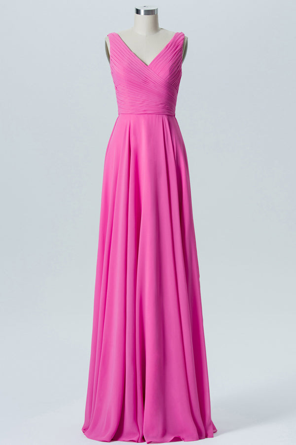 A-Line Hot Pink V-Neck Long Bridesmaid Dress FancyVestido A-Line Hot Pink V-Neck Long Bridesmaid Dress FancyVestido