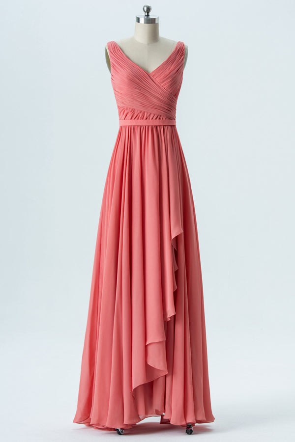 V-Neck Fulle Pleated Coral Bridesmaid Dress with Ruffles  FancyVestido
