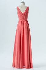 V-Neck Fulle Pleated Coral Bridesmaid Dress with Ruffles