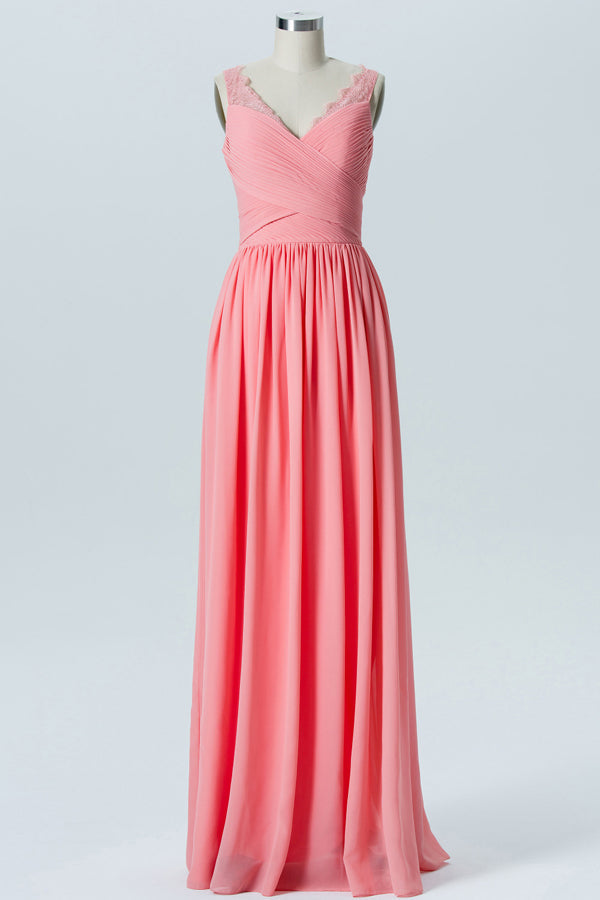 Pleated V-Neck Coral Bridesmaid Dress FancyVestido Pleated V-Neck Coral Bridesmaid Dress FancyVestido