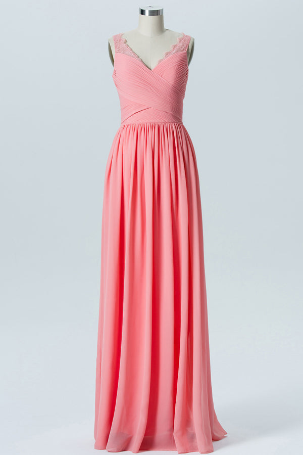 Pleated V-Neck Coral Bridesmaid Dress
