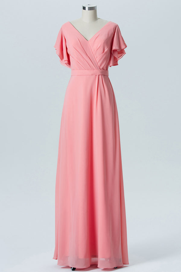 A-Line Coral Ruffled Sleeves Bridesmaid Dress