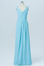 V-Neck Light Blue Ruched Chiffon Bridesmaid Dress