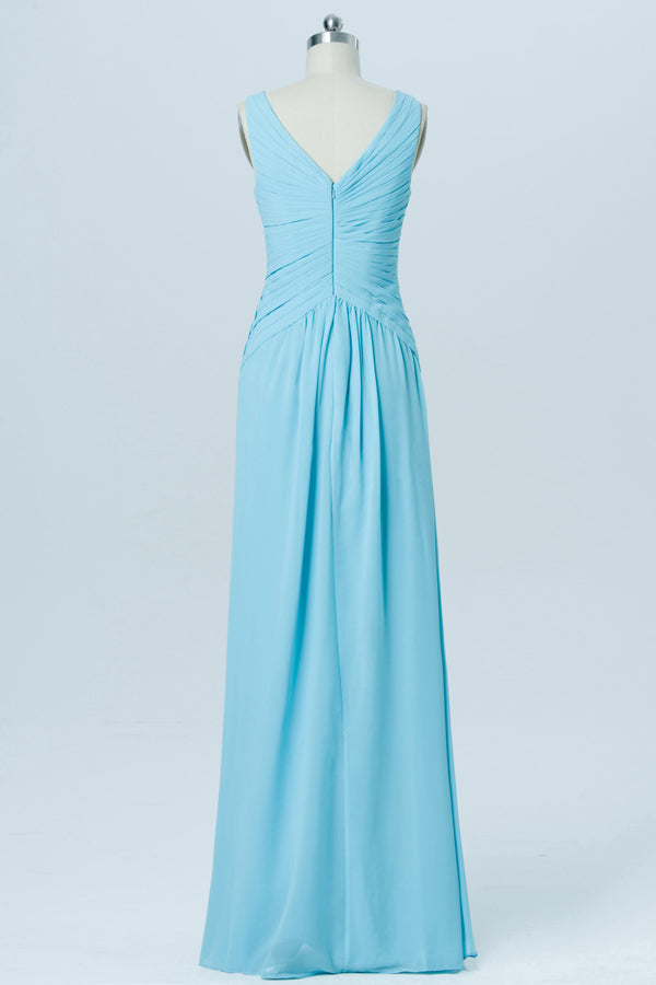 V-Neck Light Blue Ruched Chiffon Bridesmaid Dress