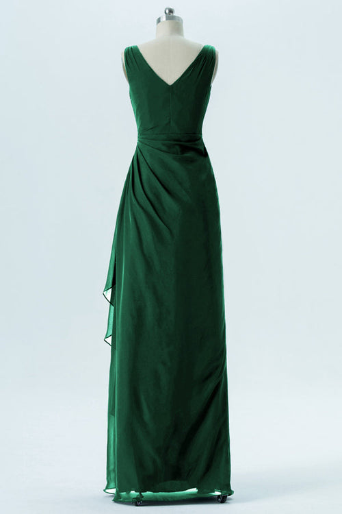 Hunter Green Double V-Neck Chiffon Bridesmaid Dress with