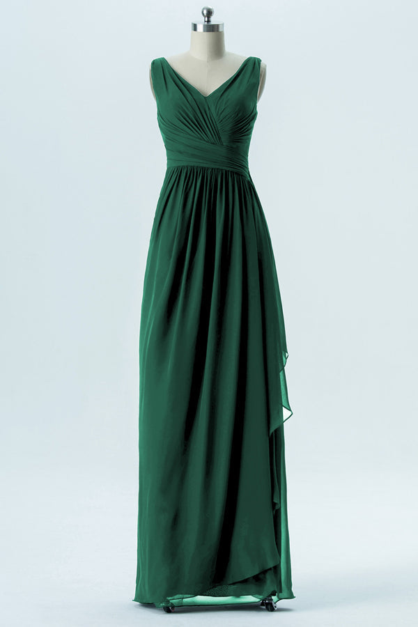 Hunter Green Double V-Neck Chiffon Bridesmaid Dress with