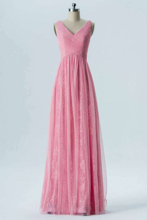 Gorgeaous Candy Pink Long Birdesmaid Dress with Criss Cross Back