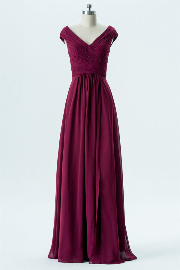Chiffon Berry Long Bridesmaid Dress with Cap Sleeves FancyVestido Chiffon Berry Long Bridesmaid Dress with Cap Sleeves FancyVestido