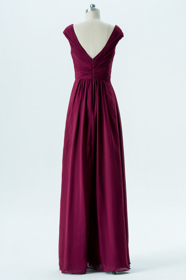 Chiffon Berry Long Bridesmaid Dress with Cap Sleeves