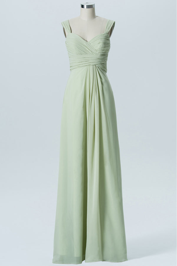 Wide Strap Sage Green Ruched Long Bridesmaid Dress