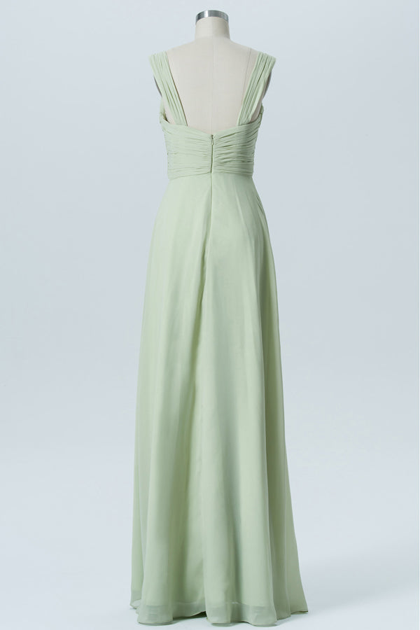 Wide Strap Sage Green Ruched Long Bridesmaid Dress